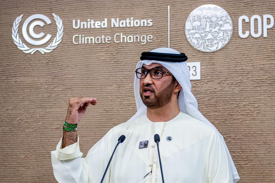 President-Designate of COP28 and UAE's Minister for Industry and Advanced Technology Dr. Sultan Ahmed Al Jaber speaks to journalists during the 2023 United Nations Climate Change Conference (COP28) in Dubai, UAE, 10 December 2023. EFE/EPA/MARTIN DIVISEK