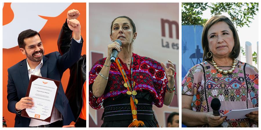 Combo de fotografías de archivo que muestra, desde la izquierda, a los candidatos a la Presidencia de México: Jorge Álvarez Máynez, por el partido Movimiento Ciudadano (MC); Claudia Sheinbaum, por el oficialista Movimiento de Regeneración Nacional (Morena), y Xochitl Gálvez, por el Frente Amplio por México, durante diferentes actos de campaña, en la Ciudad de México (México). EFE/ Archivo