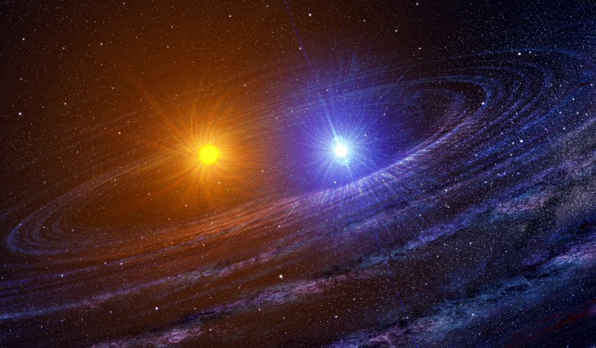 Representación artística de un sistema binario formado por una estrella gigante roja y una compañera más joven que podrían fusionarse para producir una supergigante azul. Crédito: Casey Reed, NASA