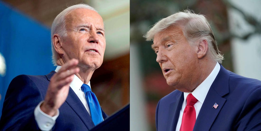 Composición de 2 fotografías de archivo donde aparece el presidente de EUA, Joe Biden (i), y el exmandatario Donald J Trump (d). EFE/Jim Lo Scalzo/Chris Kleponis