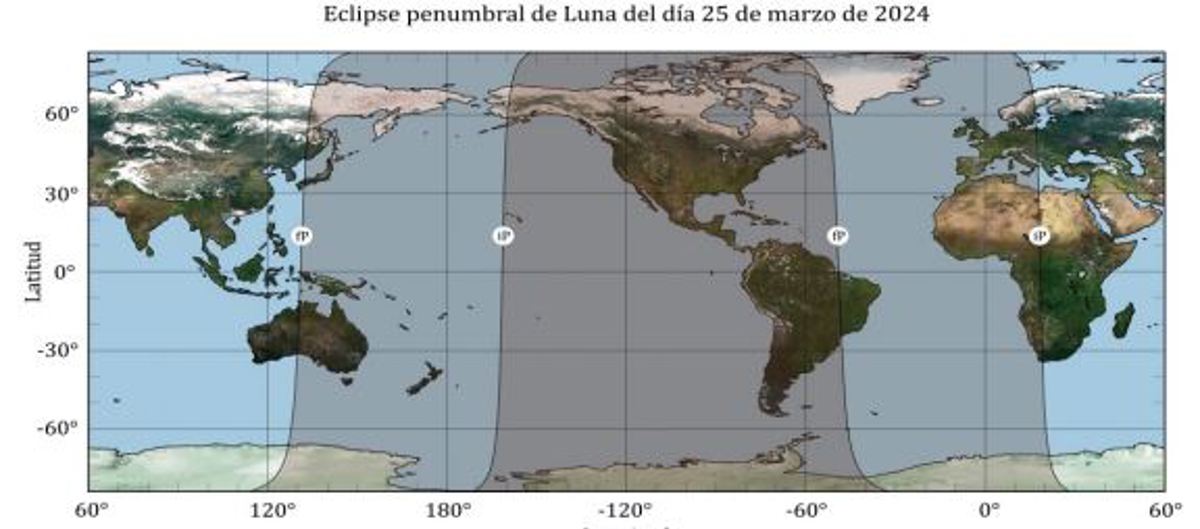 Imagen de la web del Instituto Geográfico Nacional sobre el eclipse penumbral de Luna del próximo lunes 25 de marzo que no se verá en España. © Instituto Geográfico Nacional