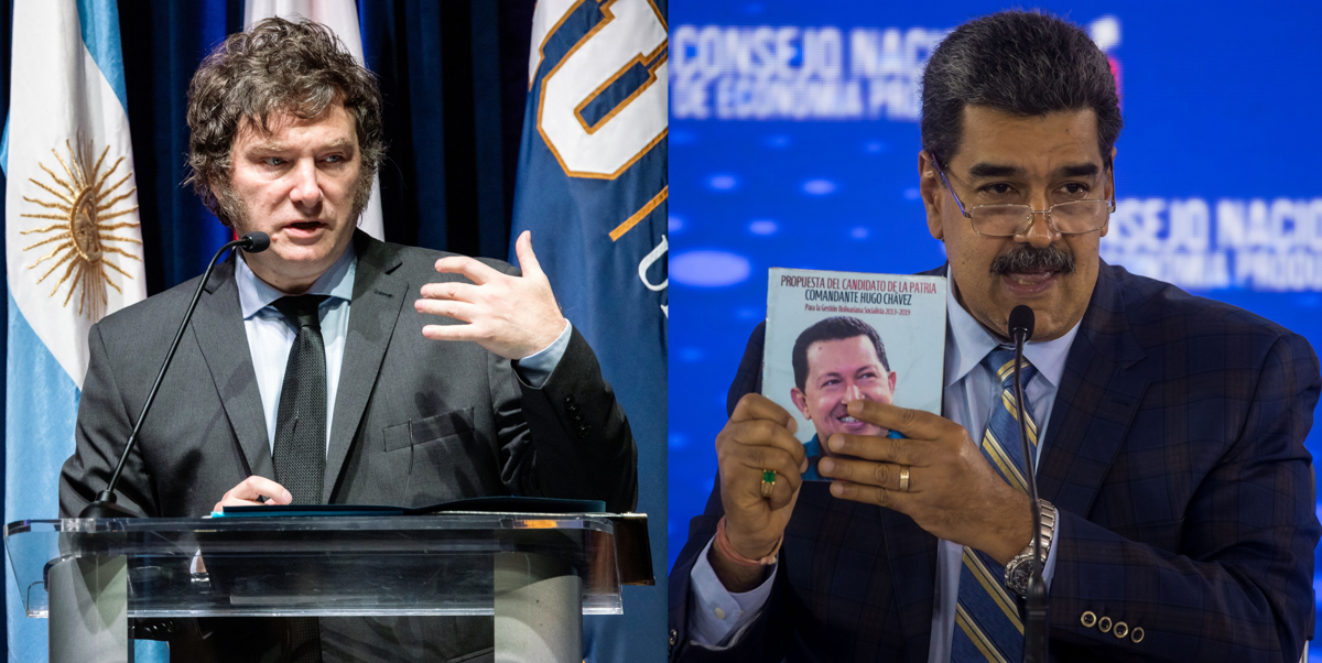 Combo de 2 fotografías de archivo de los presidentes de Argentina, Javier Milei (i), y de Venezuela, Nicolás Maduro. EFE/ Cristóbal Herrera-Ulashkevich / Miguel Gutiérrez