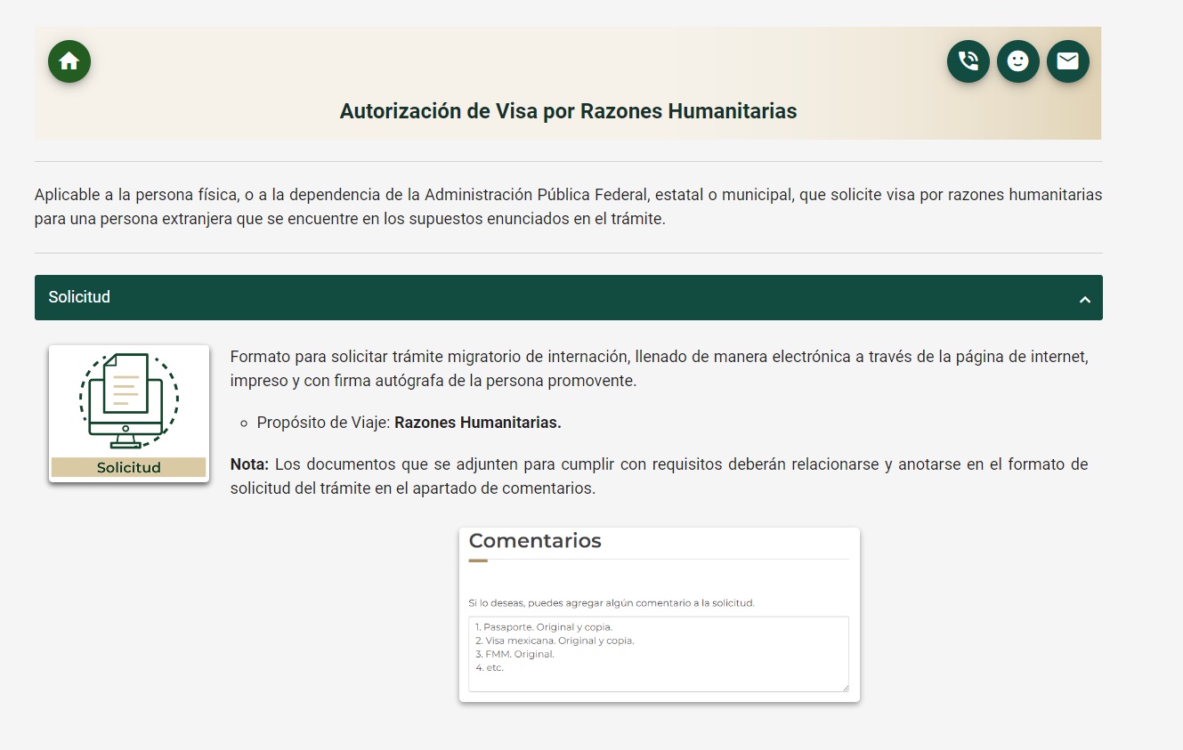 Captura de pantalla del sitio del Instituto Nacional de Migración donde se solicita una visa humanitaria.
