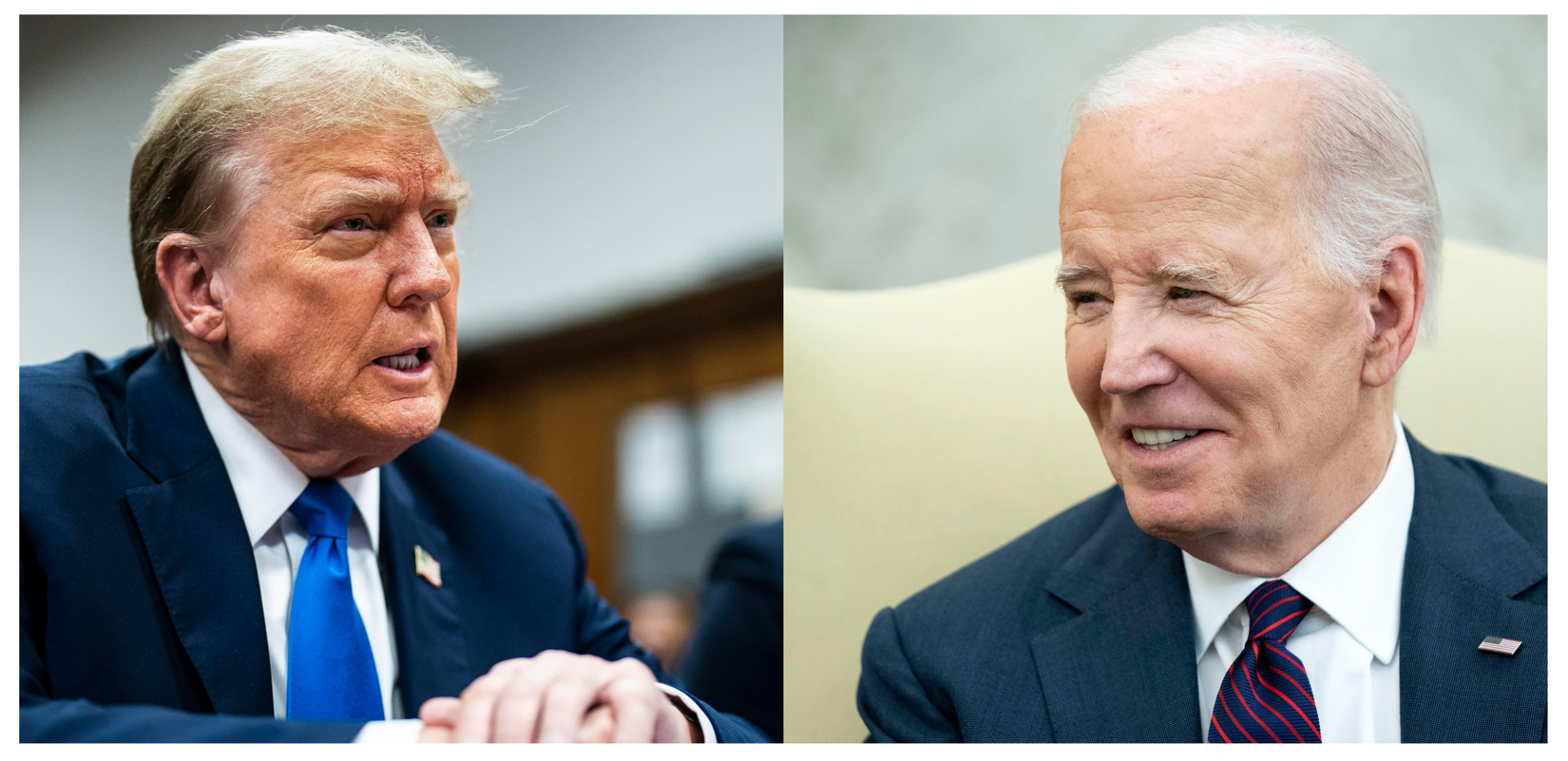 Combo de fotografías de archivo que muestra al expresidente de los Estados Unidos Donald Trump (i), durante una audiencia judicial, y al presidente Joe Biden (d), durante una reunión en la Casa Blanca. EFE/ Jabin Botsford/Bonnie Cash