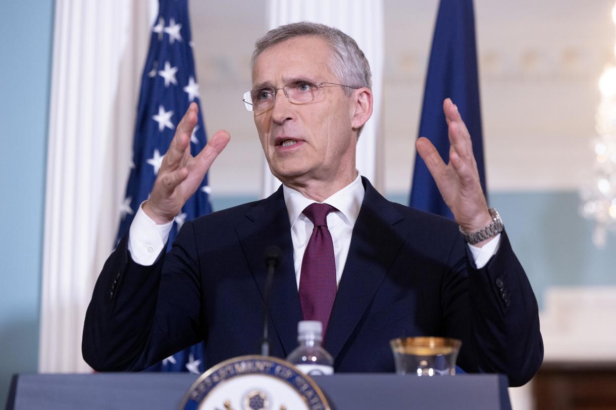 El secretario general de la OTAN, Jens Stoltenberg, participa en una conferencia de prensa con el secretario de Estado de EUA, Antony Blinken (fuera de la foto), en el Departamento de Estado en Washington, DC, EUA. EFE/Michael Reynolds