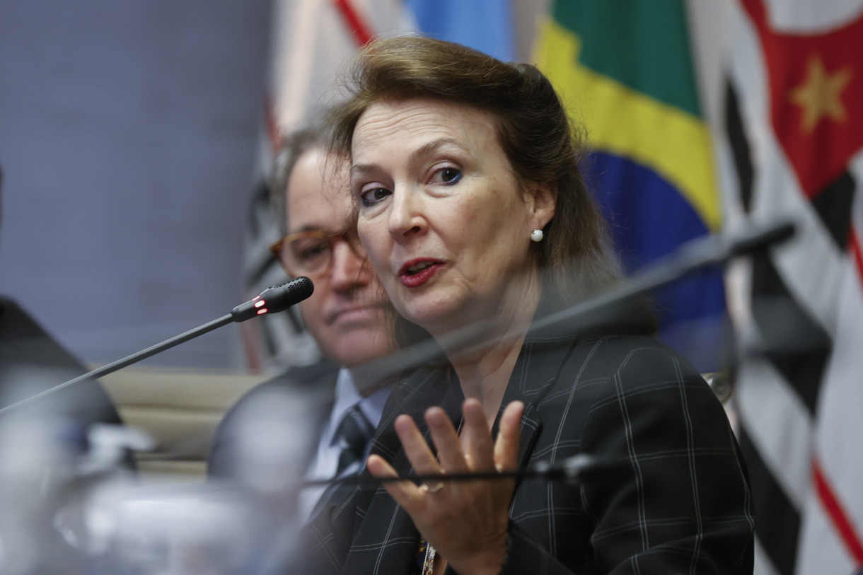 Fotografía de archivo de la ministra de Relaciones Exteriores de Argentina, Diana Mondino, participando de un encuentro con empresarios brasileños en la sede de la Federación de Industrias del Estado de Sao Paulo (Fiesp), el 16 de abril de 2024, en la ciudad de Sao Paulo (Brasil). EFE/ Sebastiao Moreira