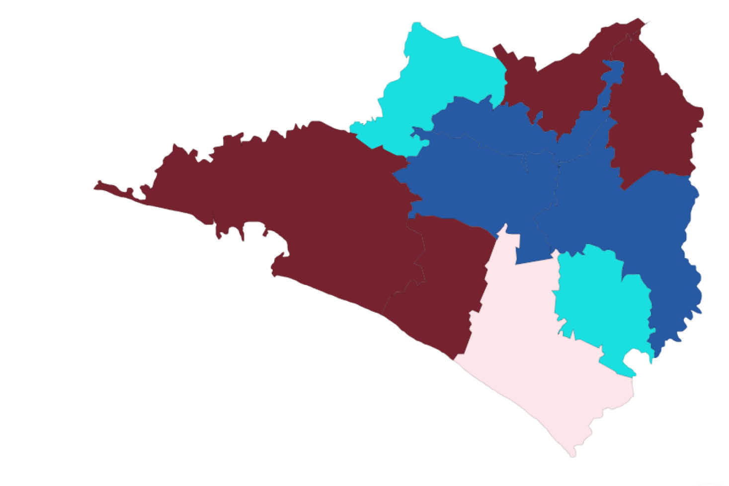 Mapa de Municipios Electorales. El mapa resalta en los Municipios el Partido Político, Coalición o Candidatura Independiente que lleva ventaja hasta el momento.