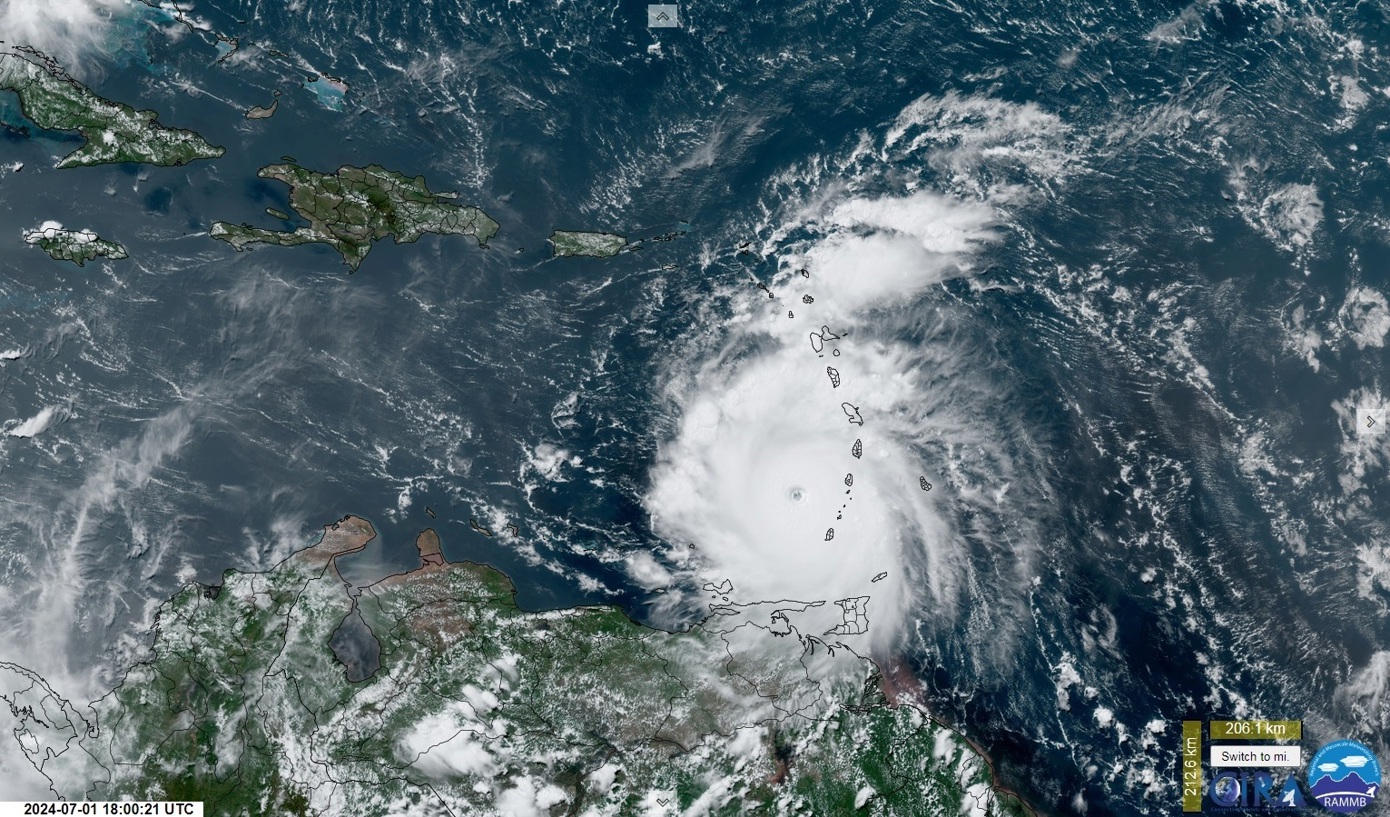 Captura de una imagen satelital de la Subdivisión de Meteorología Regional y de Mesoescala (RAMMB) y del Instituto Cooperativo para la Investigación Atmosférica (CIRA) de la Universidad Estatal de Colorado (CSU) donde se muestra una vista del ojo del huracán Beryl durante su paso por el Caribe. (Foto: EFE/ RAMMB/CIRA/CSU)
