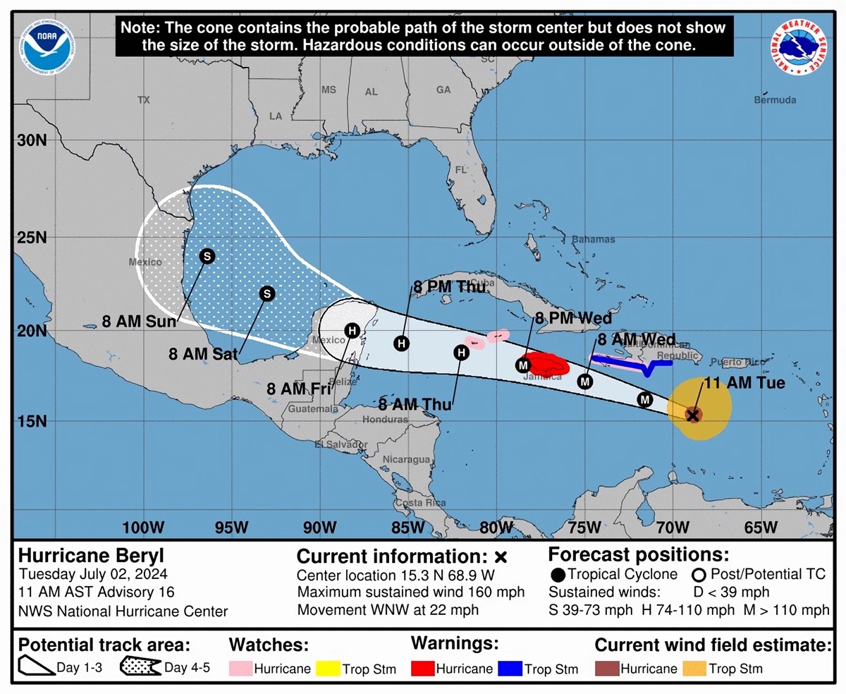 Imagen cedida por el Centro Nacional de Huracanes (NHC) estadounidense este martes donde se muestra el pronóstico de 5 días del paso del huracán “Beryl” en el Caribe. (Foto: EFE/NHC)