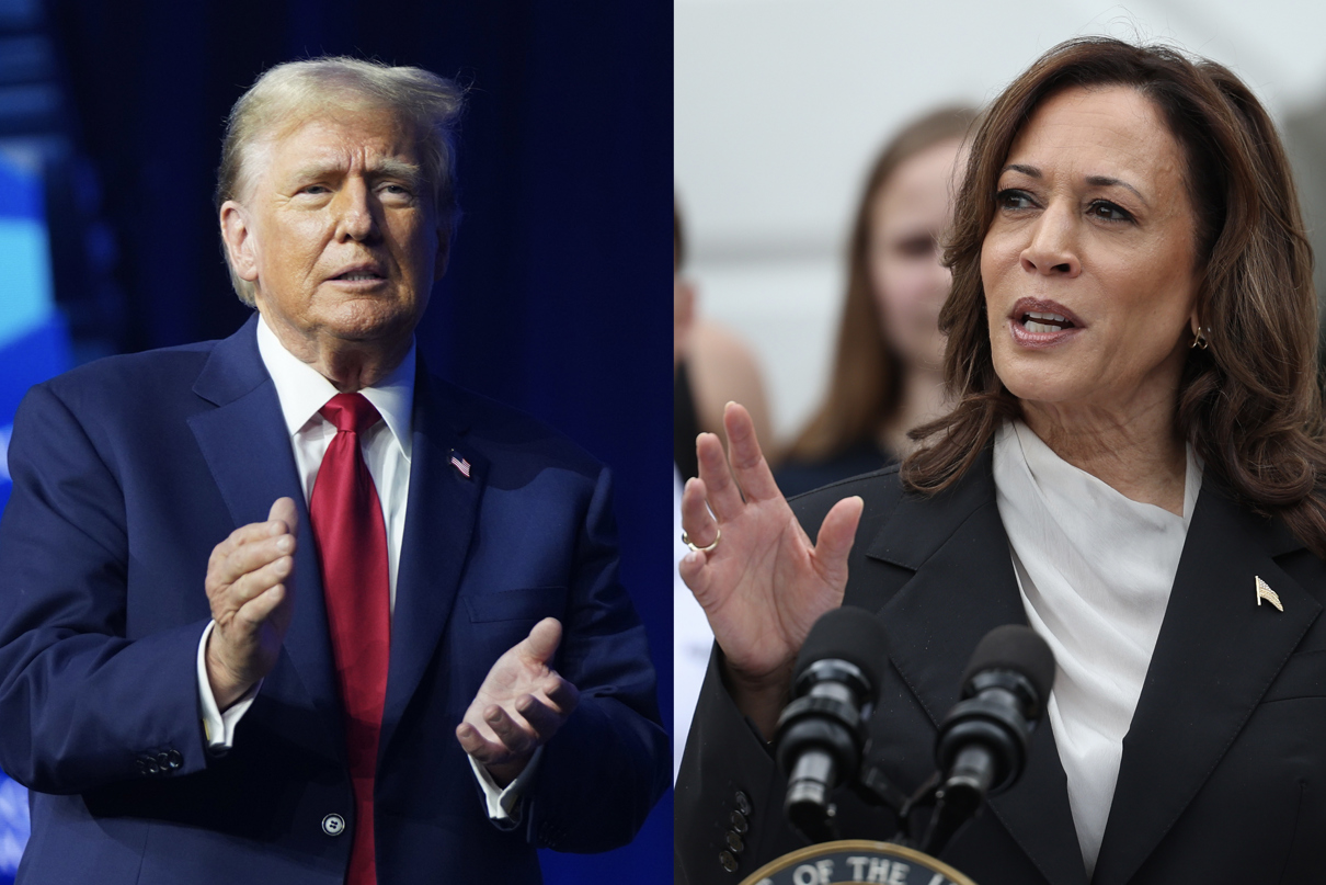 Combo de fotografías donde se observa al expresidente de los Estados Unidos Donald Trump y a la vicepresidenta estadounidense Kamala Harris. (Fotografía de EFE)