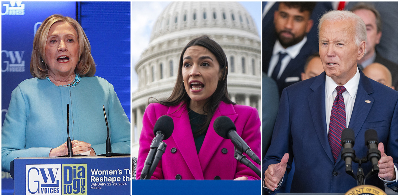 Combo de fotografías de archivo de la excandidata demócrata en las elecciones de 2016, Hillary Clinton (i), la legisladora progresista Alexandria Ocasio Cortez (c) y del presidente de EUA, Joe Biden. (Foto de Archivo de la agencia EFE)