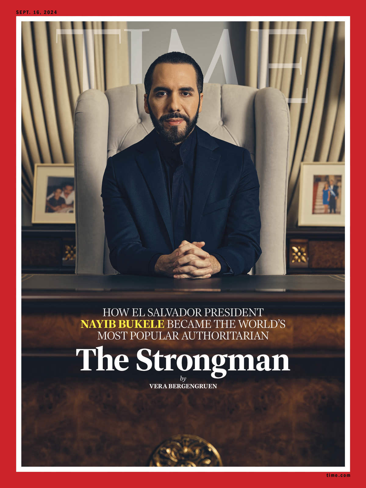 Fotografía cedida de la portada dedicada el presidente de El Salvador, Nayib Bukele, de la revista “Time”, titulada “El hombre fuerte”. (Foto de Christopher Gregory-Rivera/Time en una cortesía a la agencia EFE)