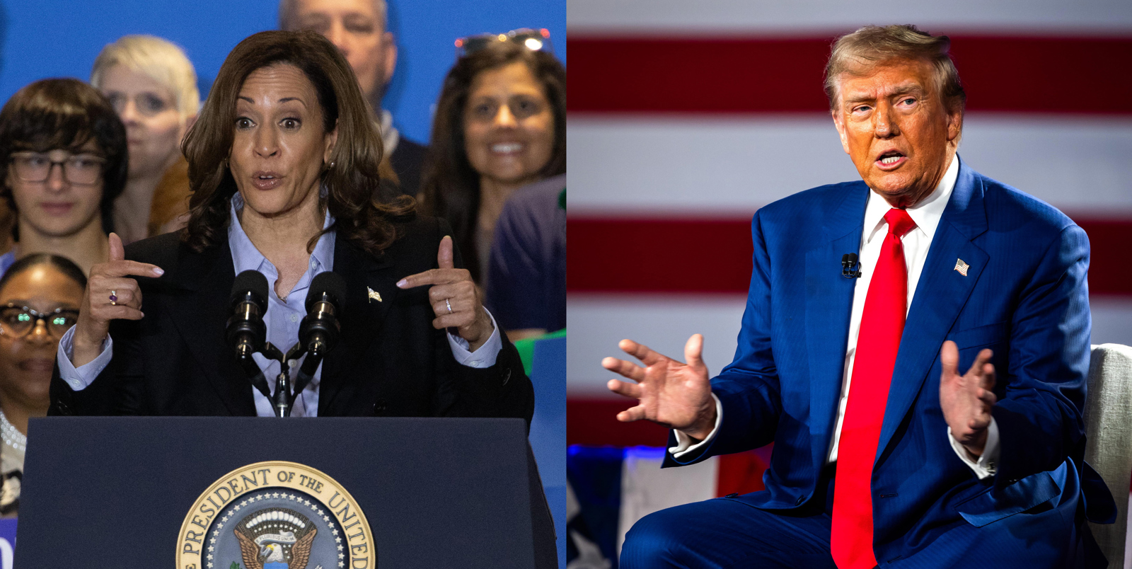 Combo de 2 fotografías de la vicepresidenta estadounidense y candidata demócrata a la Casa Blanca, Kamala Harris (i), y su rival republicano, el expresidente Donald. Harris y Trump (2017-2021) ultiman este lunes la preparación del debate electoral del martes, que será para ambos su primer cara a cara personal y político. (Fotos de Rebecca Droke y Jim Lo Scalzo de la agencia EFE)