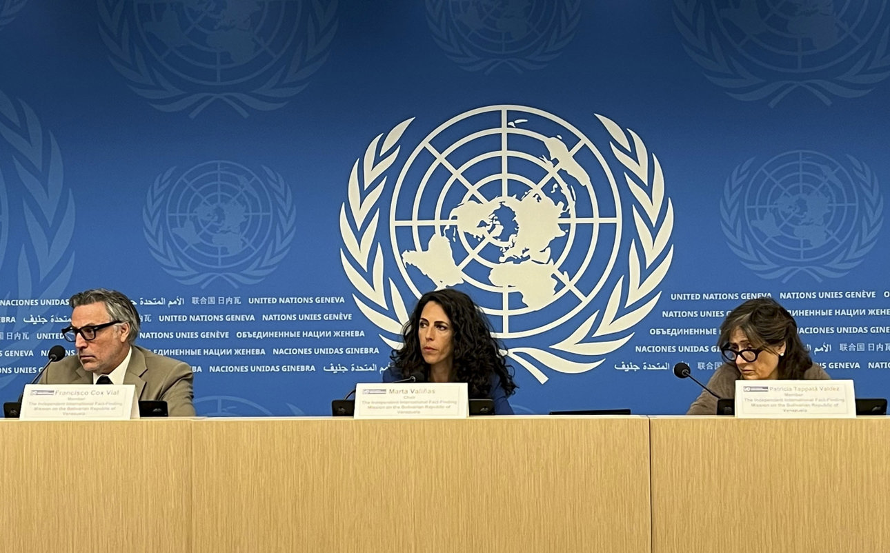 Misión de Determinación de los Hechos de la ONU para Venezuela, reunida desde el martes en Ginebra y que este viernes presentó su informe. (Foto de Anisia Gil de la agencia EFE)