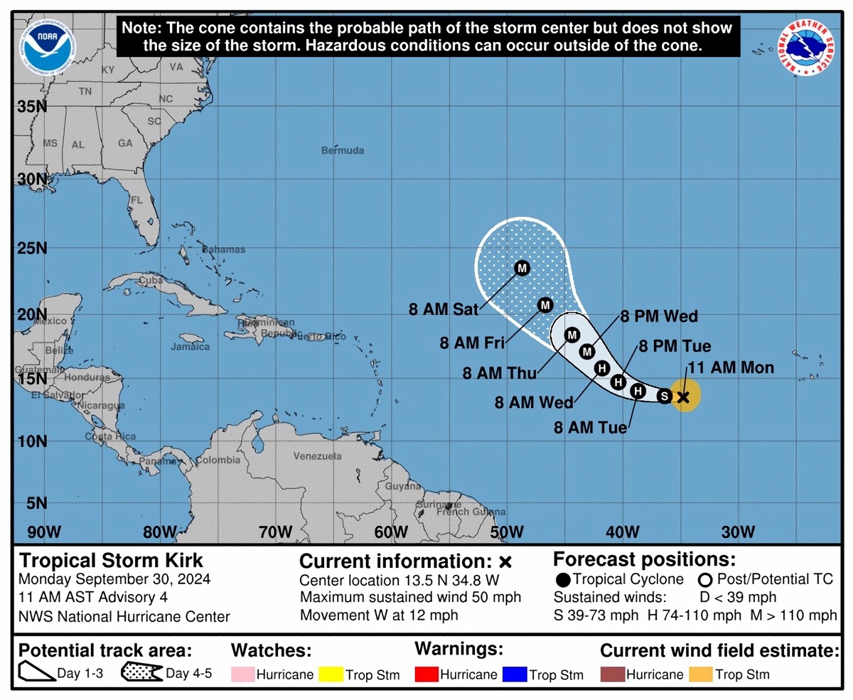 Fotografía satelital cedida por la Oficina Nacional de Administración Oceánica y Atmosférica (NOAA) a través del Centro Nacional de Huracanes (NHC) estadounidense donde se muestra la localización de la tormenta tropical Kirk (abajo) en el Atlántico. (Foto de Noaa-nhc compartida por la agencia EFE)