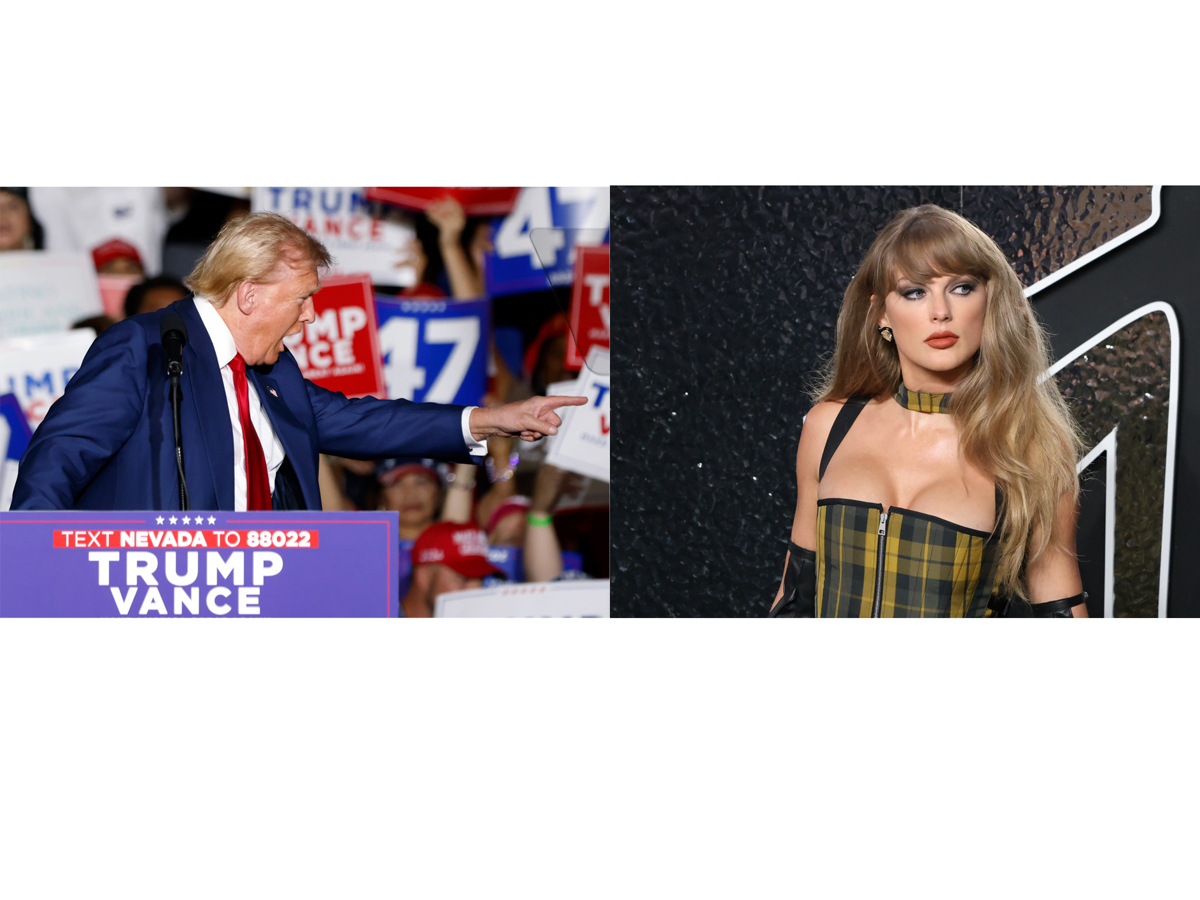 Combo de fotografías que muestra al candidato republicano Donald Trump (i) en un mitin de campaña en la Expo en el World Market Center en Las Vegas el pasado viernes y la cantante Taylor Swift posando durante la alfombra roja de los MTV Video Music Awards 2024, en el UBS Arena el pasado miércoles, en Nueva York (EUA). (Foto de Bizuayehu Tesfaye y Octavio Guzmán de la agencia EFE)