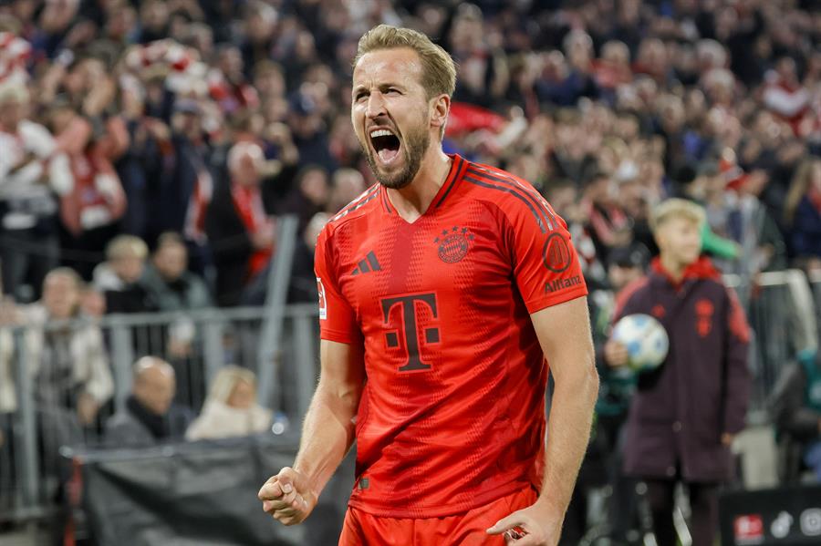 El delantero del Bayern Múnich Harry Kane celebra el 1-0 durante el partido de la Bundesliga que han jugado FC Bayern Munich y VfB Stuttgart en Munich, Alemania. (Foto de EFE)