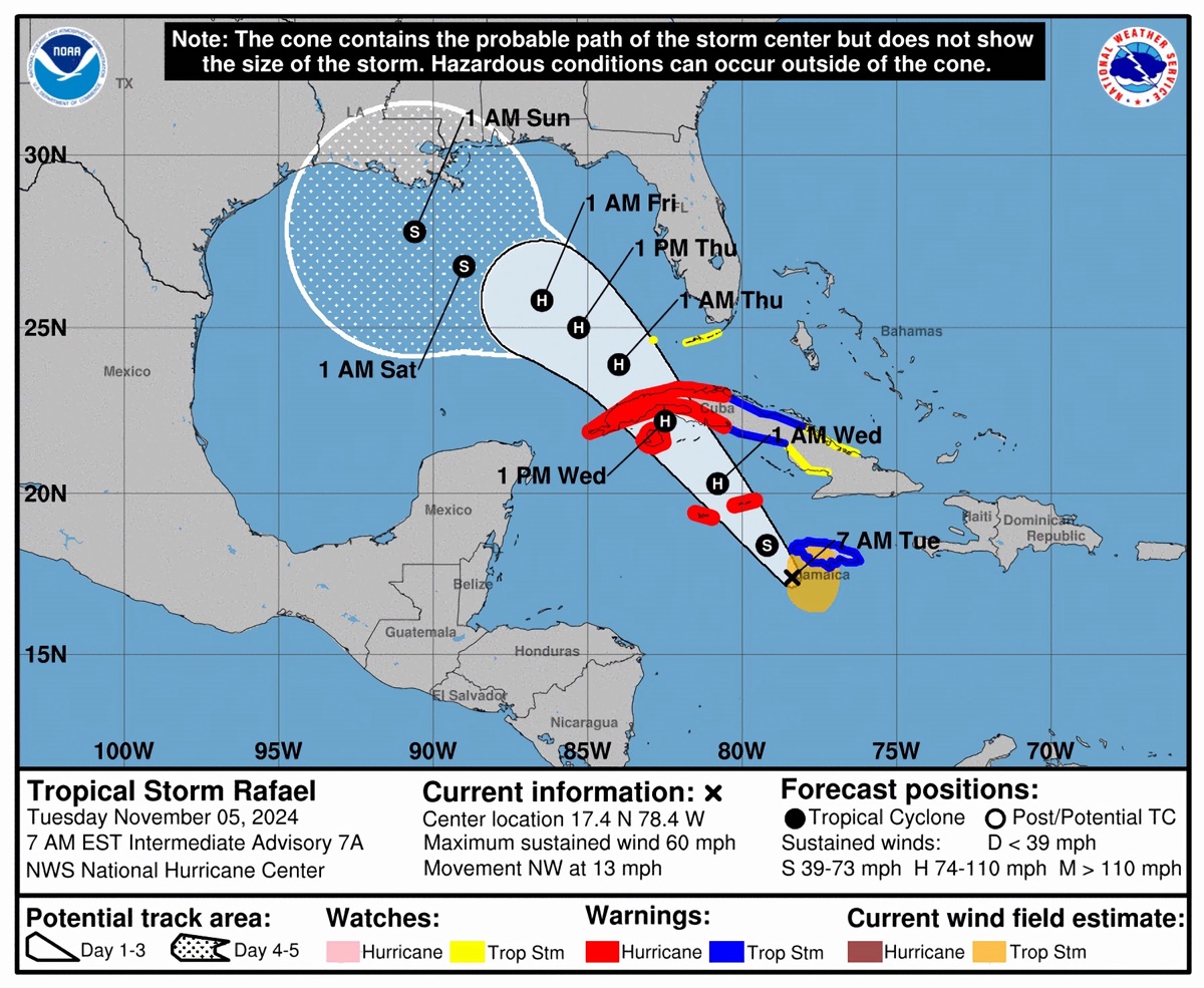 Imagen de archivo cedida por el Centro Nacional de Huracanes (NHC) estadounidense donde se muestra el pronóstico de cinco días de la trayectoria de la tormenta Rafael (i) en el Mar Caribe hacia el Golfo de México. (Foto de NOAA-NHC de la agencia EFE)