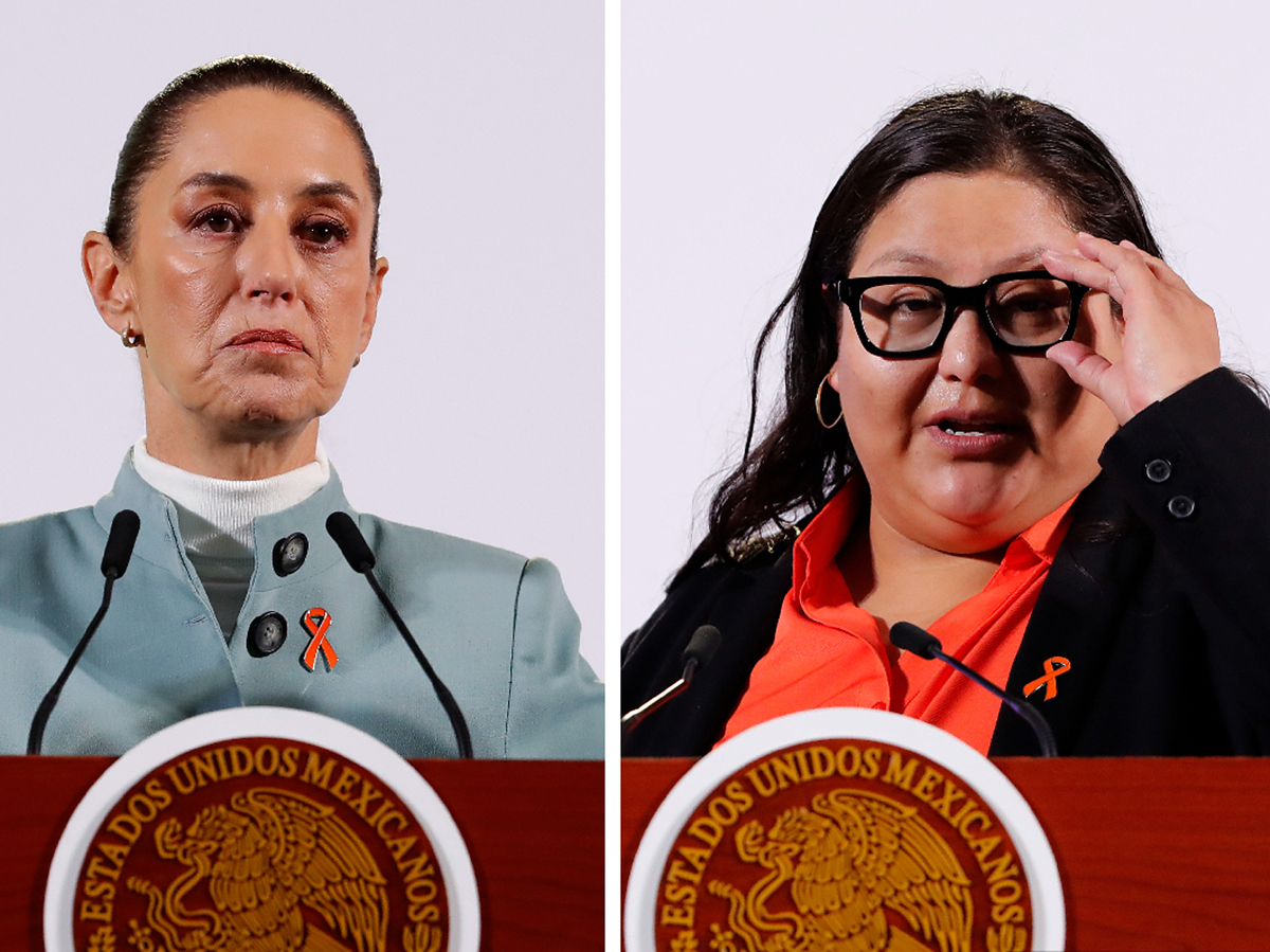 Combo de fotografías de la presidenta de México, Claudia Sheinbaum (i), y la titular de la Secretaría de las Mujeres, Citlalli Hernández, durante una rueda de prensa este lunes en Palacio Nacional, Ciudad de México (México). (Foto de Mario Guzmán de la agencia EFE)