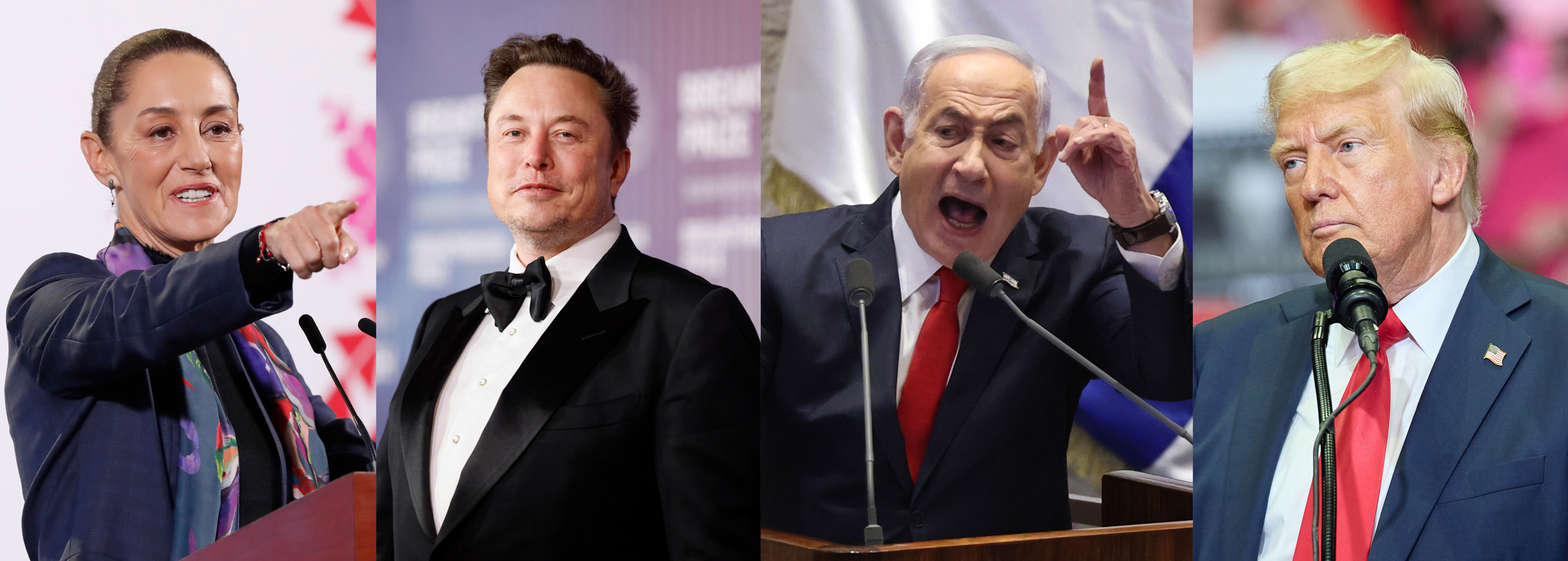 Combo de fotografías de archivo donde se observan de izquierda a derecha, a la presidenta de México Claudia Sheinbaum, el consejero delegado de Tesla, Elon Musk, el primer ministro israelí, Benjamín Netanyahu y el presidente electo de EUA, Donald Trump. (Foto de archivo de la agencia EFE)