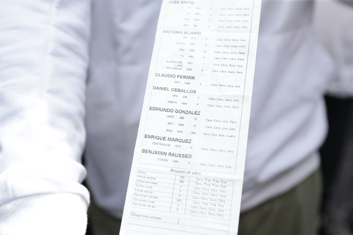 Un hombre muestra una papeleta del Consejo Nacional Electoral (CNE) de Venezuela con los resultados de una mesa de votación durante una manifestación de apoyo al candidato a la presidencia de Venezuela Edmundo González Urrutia, en Caracas (Venezuela). Imagen de archivo. (Foto de Ronald Peña R. de la agencia EFE)