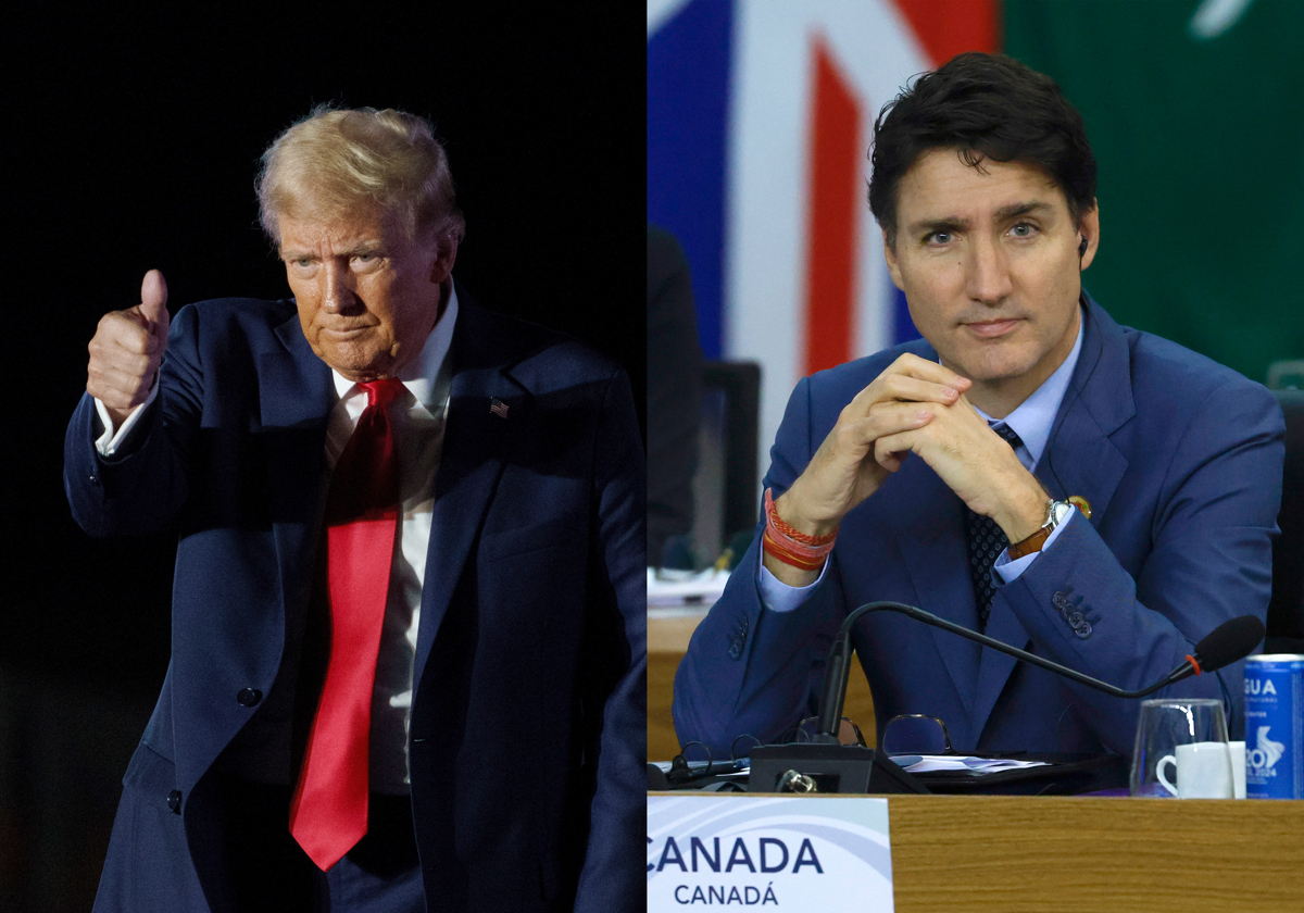 Combo de fotografías de archivo del presidente de Estados Unidos, Donald Trump (i), durante un acto de campaña el 5 de octubre de 2024 en Pensilvania (Estados Unidos), y el primer ministro canadiense, Justin Trudeau, durante la cumbre del G20 el 19 de noviembre de 2024 en Río de Janeiro (Brasil). (Foto de Sebastiao Moreira de la agencia EFE/ Will Oliver)