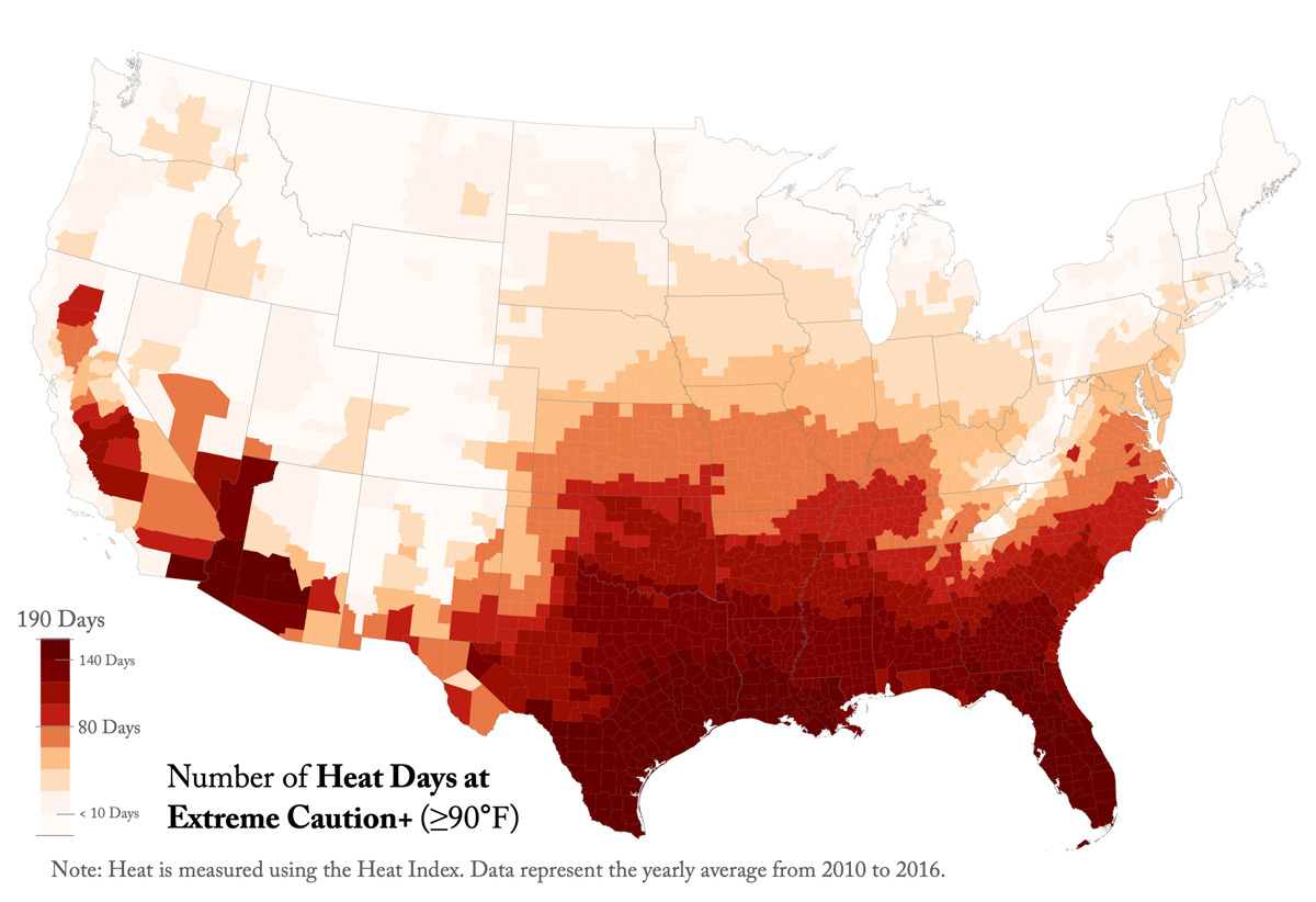 Número de días de calor en “Extrema Precaución” + (≥32°F) en todo Estados Unidos. El calor se mide utilizando el Índice de Calor. Los datos representan la media anual de 2010 a 2016. (Crédito: USC/Eunyoung Choi)