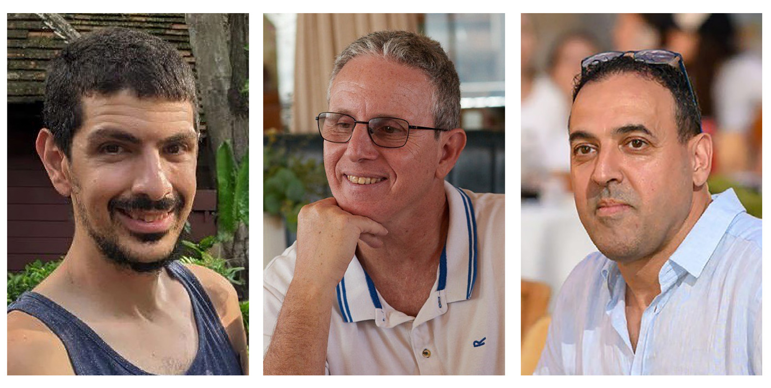 Combo de imágenes del germanoisraelí Ohad Ben Ami (c), de 56 años y secuestrado junto a su esposa, Raz Ben Ami (ya liberada), del kibutz Beeri; Eli Sharabi (dcha), de 53 años, que perdió a sus hijos y mujer en el ataque de Hamas en el mismo kibutz, y Or Levy, de 34 años y tomado a la fuerza en el festival Nova, los 3 rehenes que serán liberados en la Franja de Gaza. (Foto de Foro de familiares y desaparecidos/EFE)