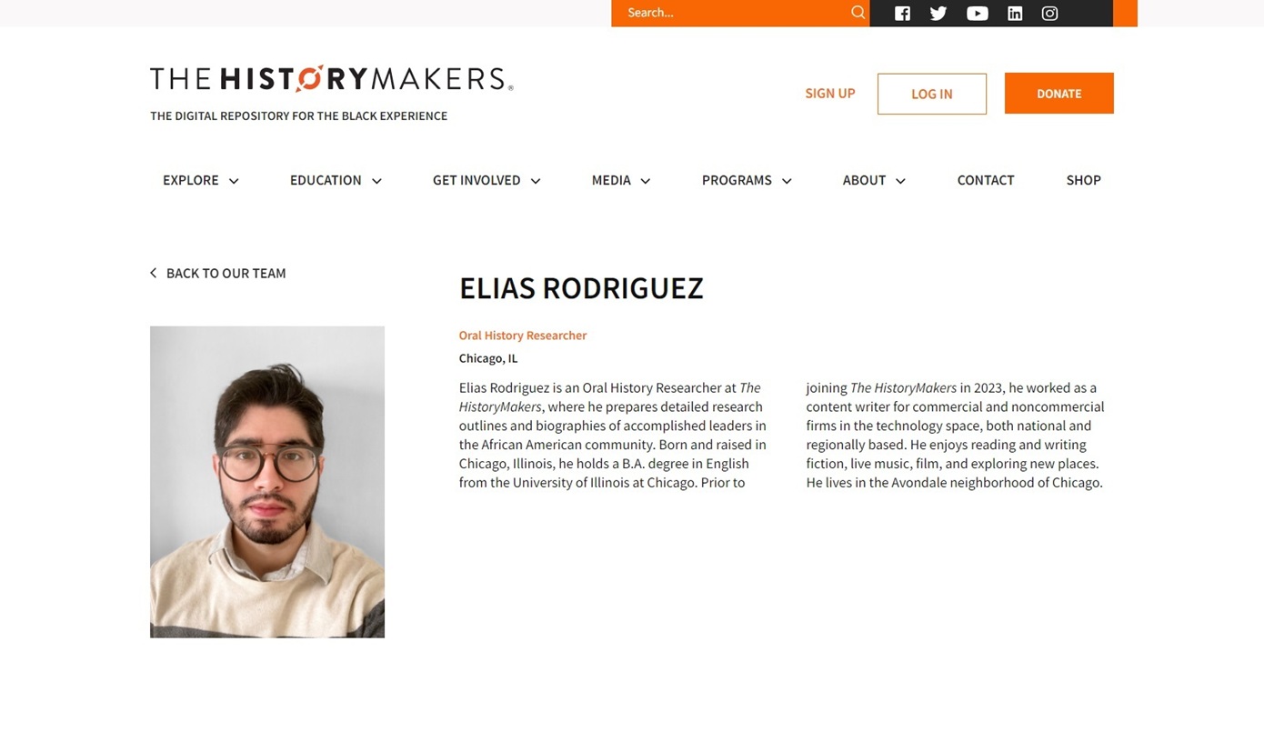 Captura de pantalla de la página de The History Makers que muestra la biografía del perpetrador del tiroteo de Washington Elías Rodríguez. (Foto EFE/Thehistorymakers.org)