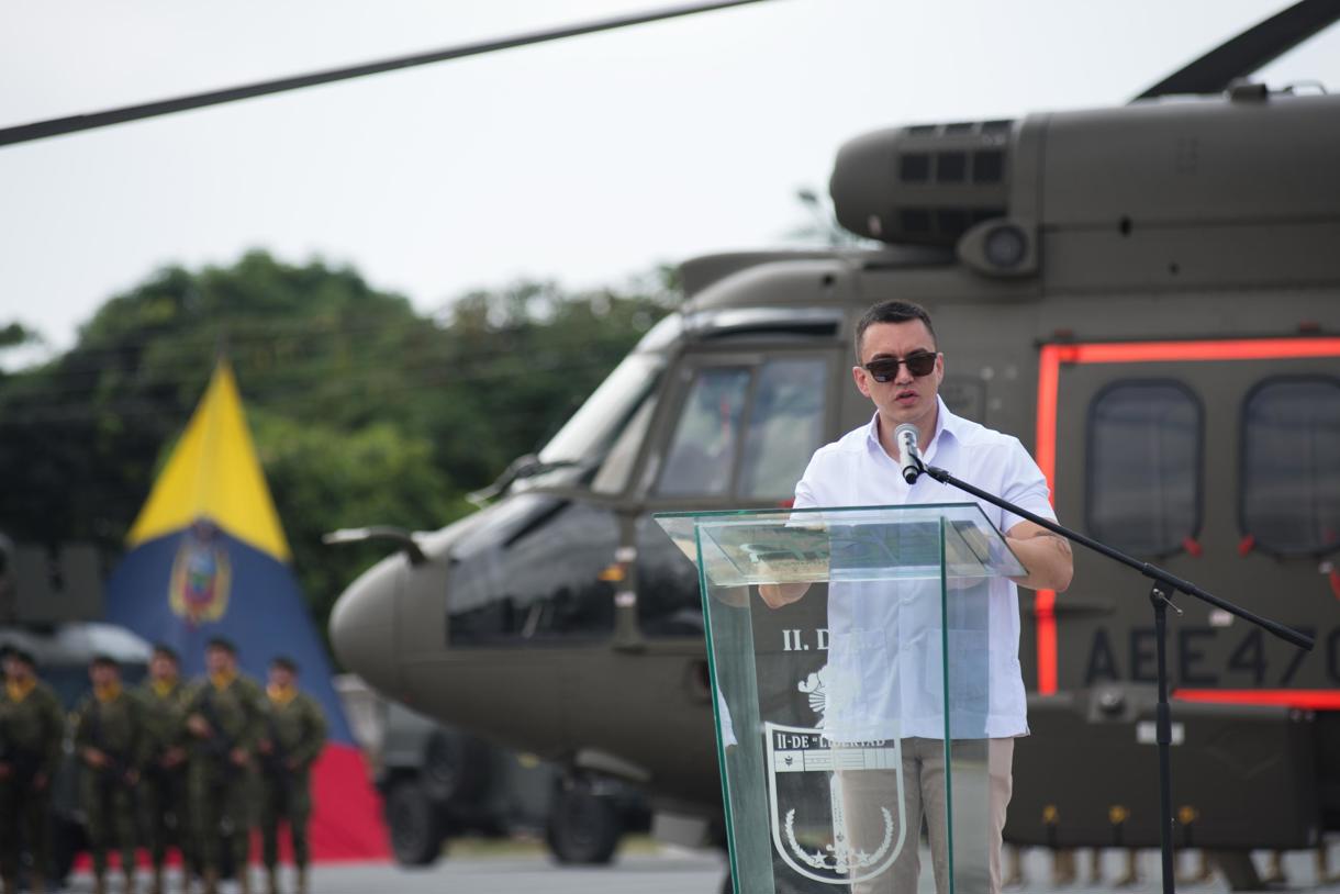 Fotografía cedida por el Ministerio de Defensa del presidente de Ecuador, Daniel Noboa, durante un acto en Guayaquil (Ecuador). (Foto EFE/ Ministerio de Defensa)