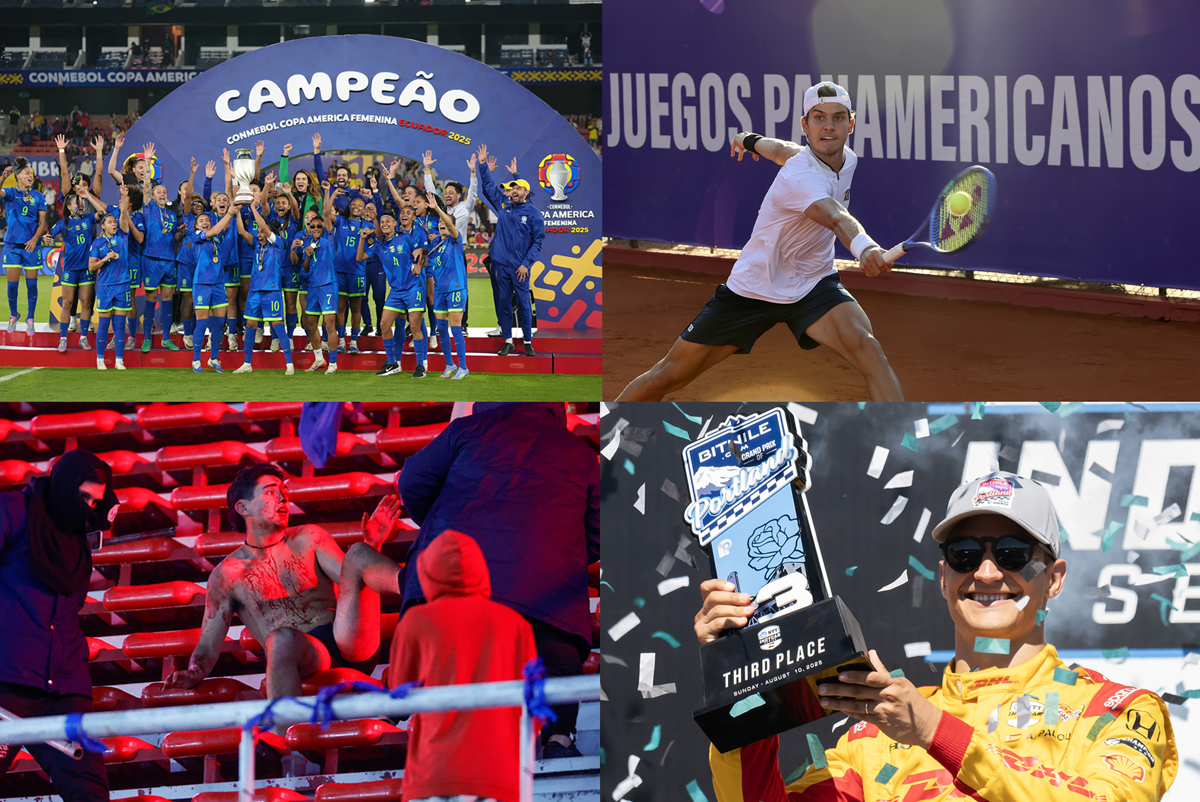 Combo de fotografías de archivo que muestra al equipo femenino de futbol de Brasil (i-arriba), el tenista de Brasil, Joao Didoni (d-arriba), aficionados durante los disturbios en el partido de la Sudamericana (i-abajo), y el piloto de automovilismo español, Alex Palou (d-abajo). (Foto archivo de la agencia EFE)
