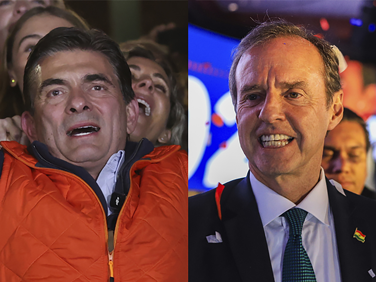 Combo de fotografías donde aparecen los candidatos opositores a la Presidencia de Bolivia Rodrigo Paz Pereira (i) y Jorge Quiroga, quienes disputarán la primera segunda vuelta electoral en la historia del país. (Fotos de Luis Gandarillas / Gabriel Márquez de la agencia EFE)