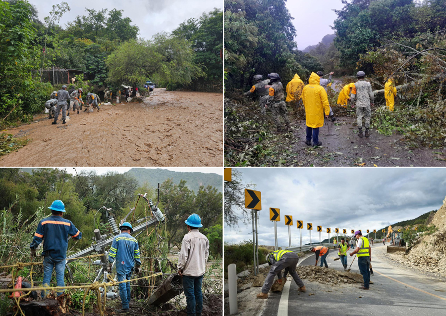 Combo de fotografías cedidas a EFE por Protección Civil, donde se observa a integrantes del Ejercito Mexicano y Brigadas de salvamento, realizando trabajos de ayuda a damnificados y afectaciones en carreteras y zonas rurales en diferentes estados afectados por las fuertes lluvias en México.