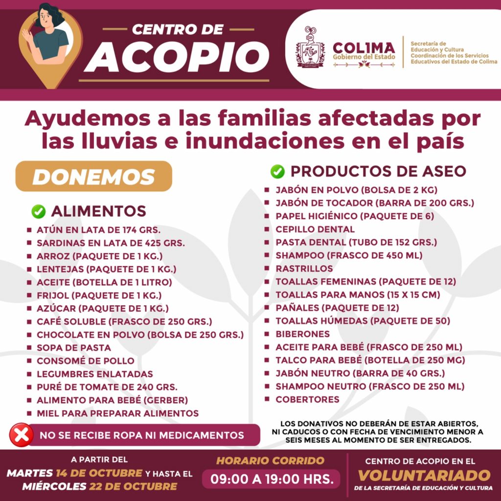 Abre Educación centro de acopio para familias afectadas por lluvias en ...