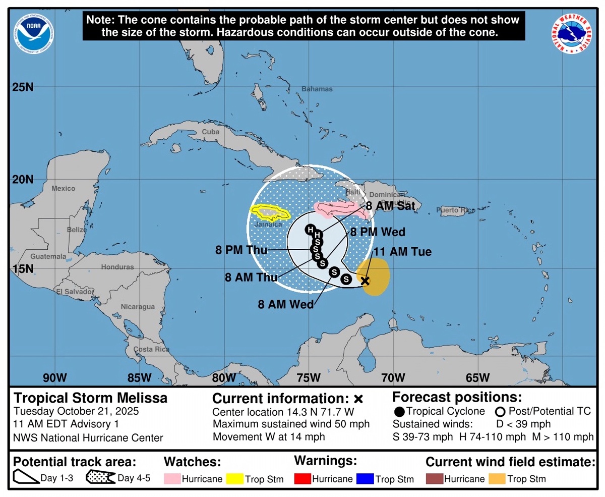 Imagen cedida por la Oficina Nacional de Administración Oceánica y Atmosférica de Estados Unidos (NOAA) a través del Centro Nacional de Huracanes (NHC), donde se muestra el pronóstico de cinco días del paso de la tormenta tropical Melissa por el Caribe. (EFE/NOAA-NHC)