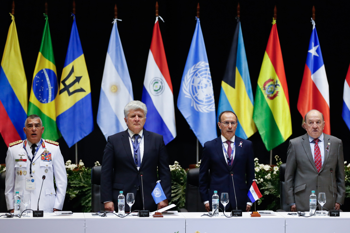Ceremonia de apertura de la III Conferencia Ministerial de América Latina y el Caribe sobre Operaciones de Mantenimiento de la Paz de la ONU, este miércoles en Luque (Paraguay). (Foto de Juan Pablo Pino de la agencia EFE)