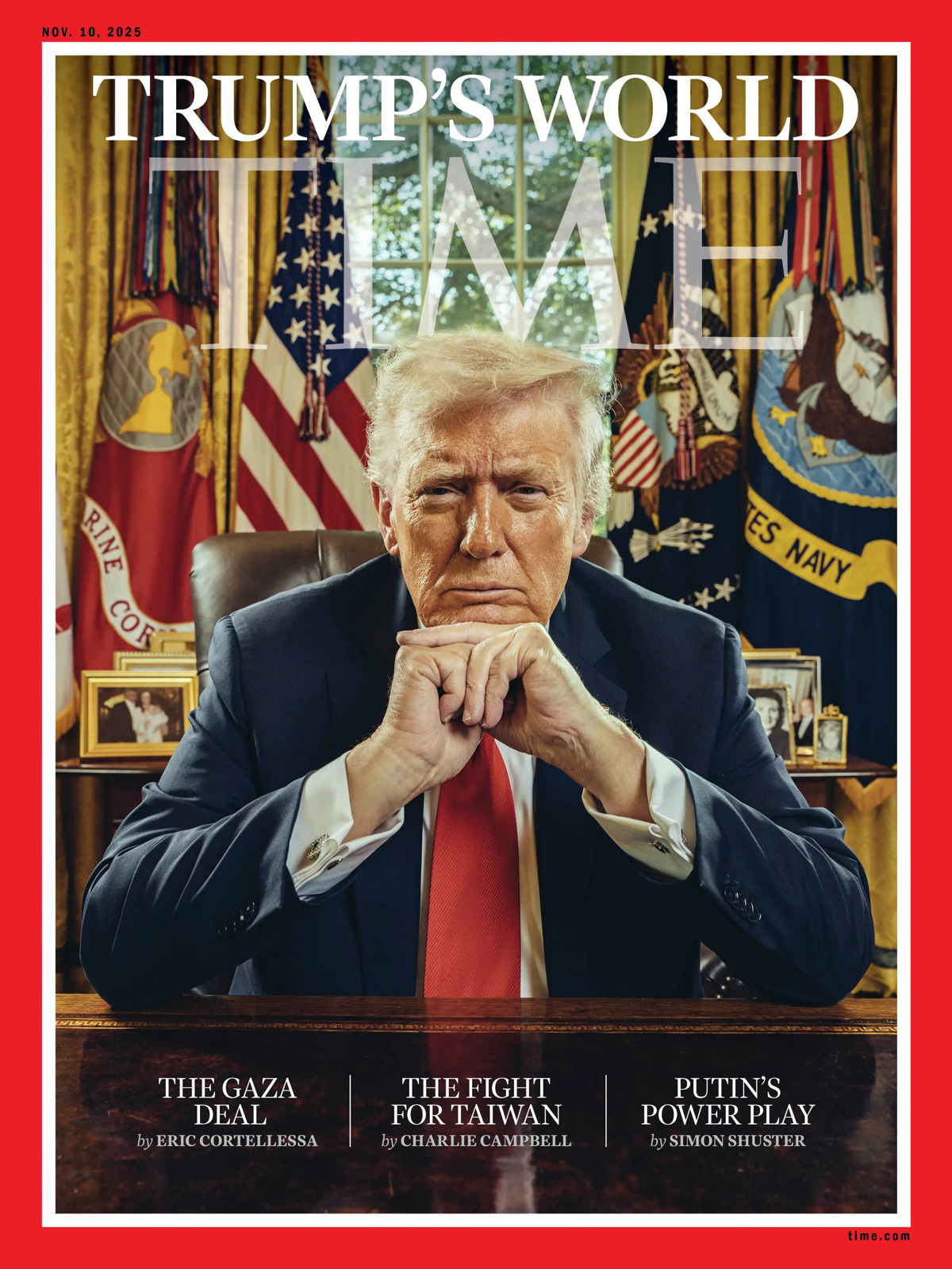 Fotografía cedida de la portada de la revista Time donde aparece el presidente estadounidense, Donald Trump, en el Despacho Oval de la Casa Blanca en Washington. (EFE/Stephen Voss for TIME)