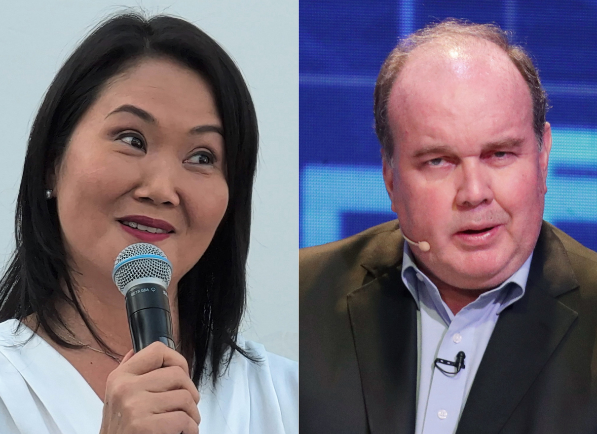 Combo de fotografías de archivo que muestran a los candidatos a la presidencia de Perú Keiko Fujimori (i) por el partido Fuerza Popular y a Rafael López Aliaga por el partido Renovación Popular. (Fotos de archivo de Fernando Gimeno y Sebastián Castañeda de la agencia EFE)