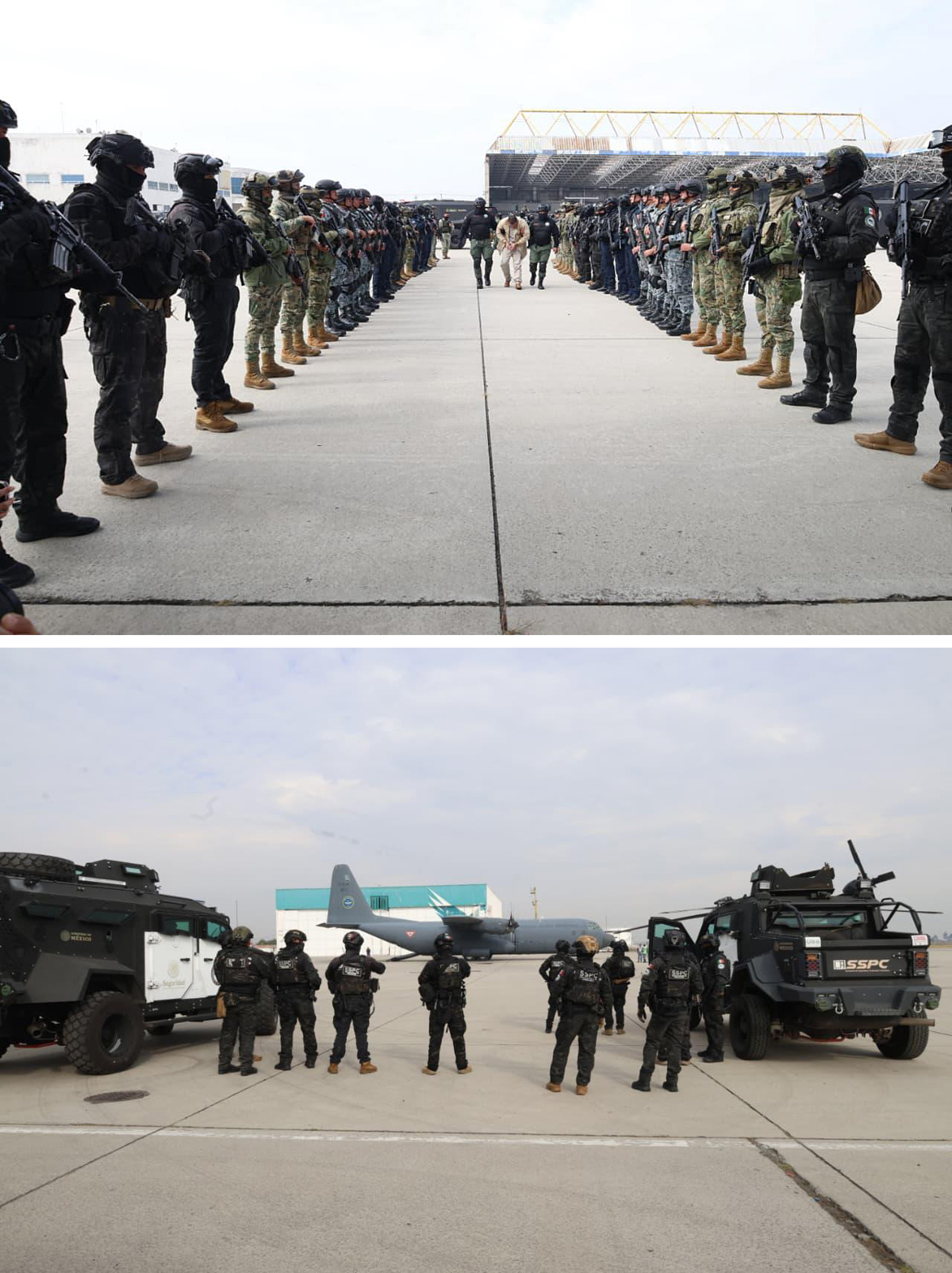 Combo de fotografías cedidas por la Secretaría de Seguridad y Protección Ciudadana, que muestra el operativo del traslado de 37 presos desde la Ciudad de México (México). (Foto Secretaría de Seguridad y Protección Ciudadana/EFE)