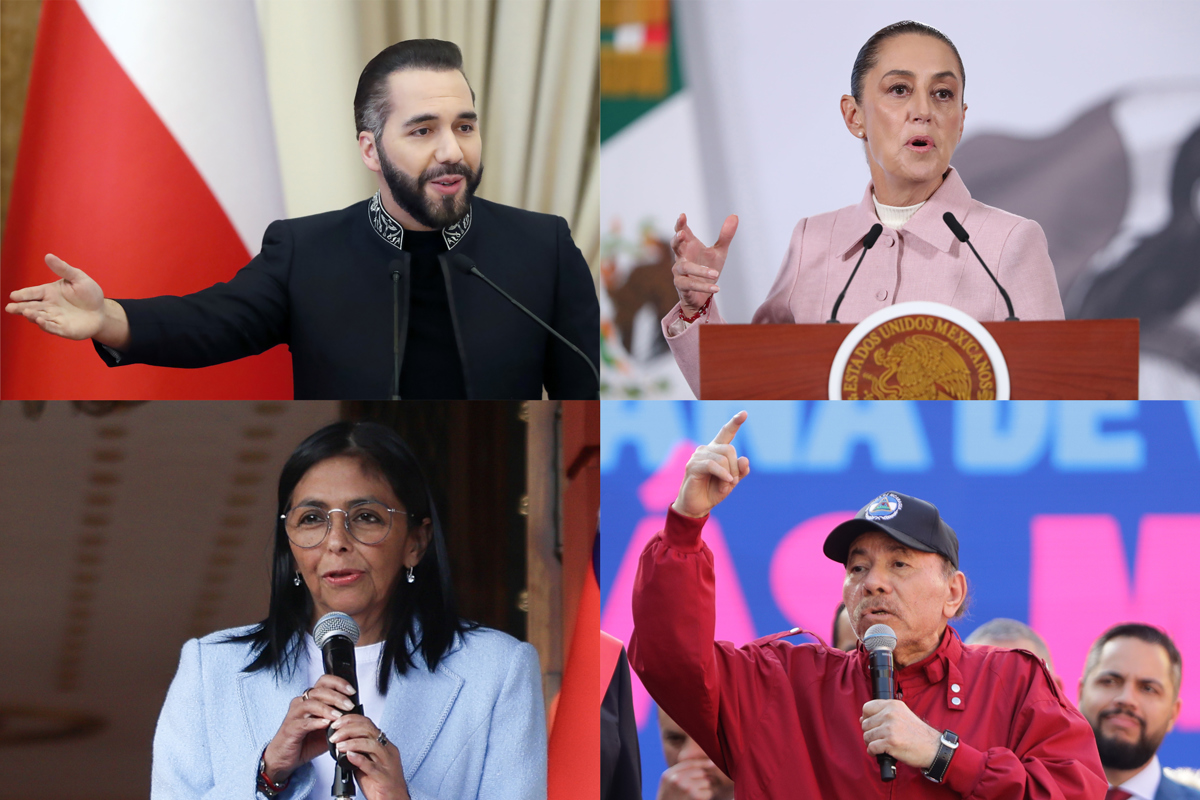 Combo de fotografías de archivo que muestra a los presidentes de El Salvador, Nayib Bukele (arriba-i), de México, Claudia Sheinbaum (arriba-d), de Nicaragua, Daniel Ortega (abajo-d), y la presidenta encargada de Venezuela, Delcy Rodríguez (abajo-i). (Fotografías de archivo de la agencia EFE)