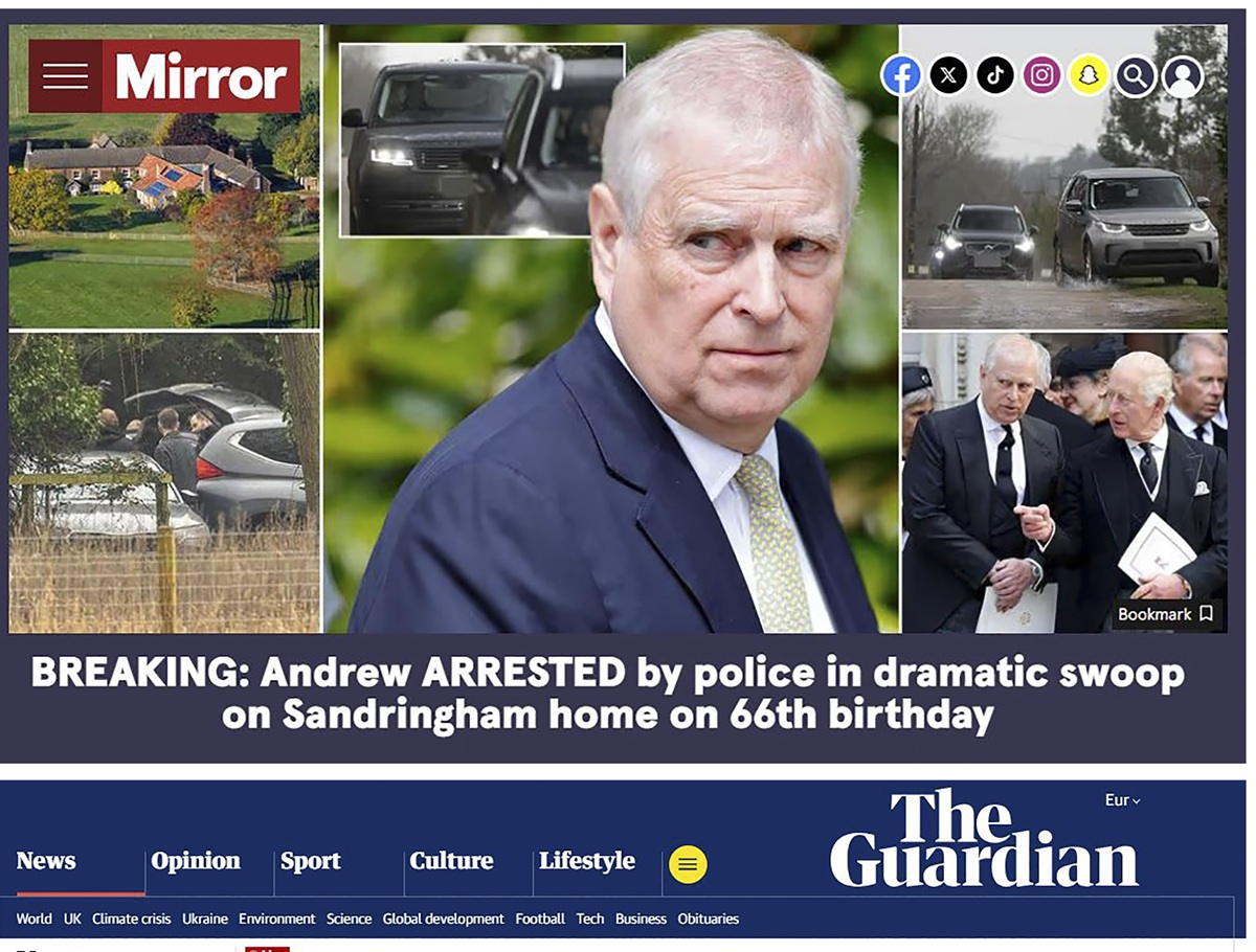Combo de capturas de pantalla que muestran las distintas reacciones de la prensa británica sobre la detención del expríncipe Andrés, este jueves. (Foto de la agencia EFE)